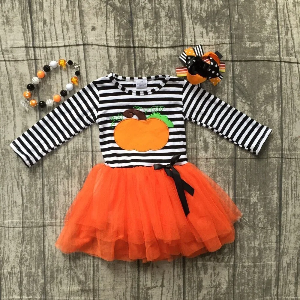 

2018 Halloween dress black stripes pumpkin embroidered orange veil dress kids wear girls boutique clothing with accessories