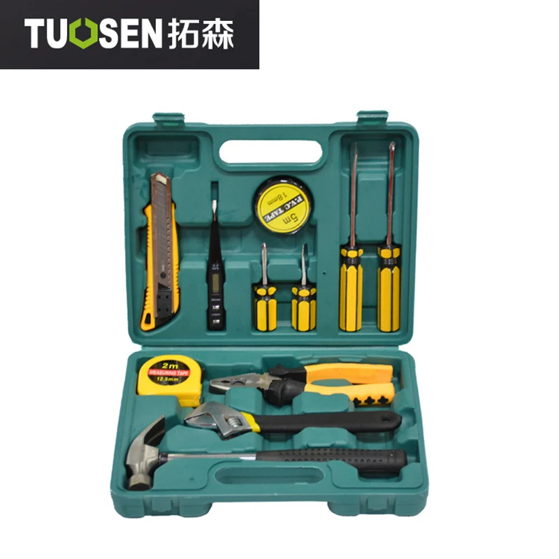 

11 pcs Household Took Box Kit Utility Cutter Claw Hammer Tape Measure 8" Adjustable Wrench 7" Vise Pliers Hand tool Set