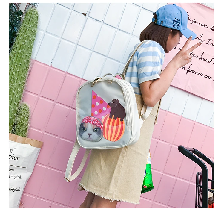 Lovely Cat Ear Leather Backpacks Candy Color Transparent Bag Teenage Girls Travel Bakpack Children Shoulder Bags School Itabag