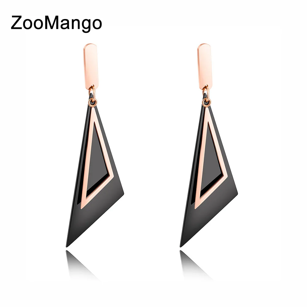 

ZooMango Trendy Black Oblique Triangular Geometric Pattern Female Earring Jewelry Stainless Steel Stud Earrings For Women OGE383