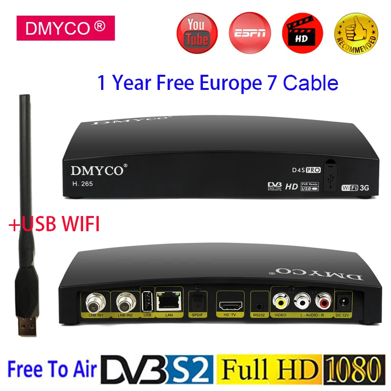 Цифровой спутниковый ТВ приемник DVB-S2 декодер 1 год 7 кабель Европа Испания Польша HD 1080P H.265 приемник Поддержка YouTube USB Wifi