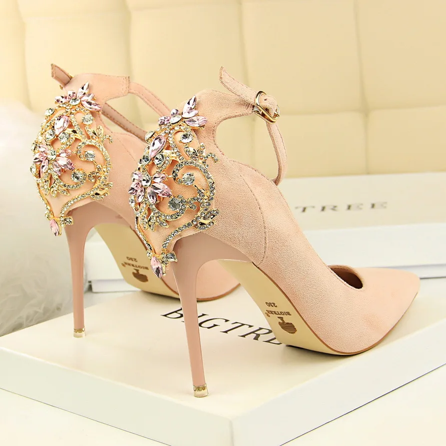 

= Elegant Pumps European Sexy Slim Women's Shoes High Heels Shoes Suede Pointed Rhinestone Women Wedding Party Shoes