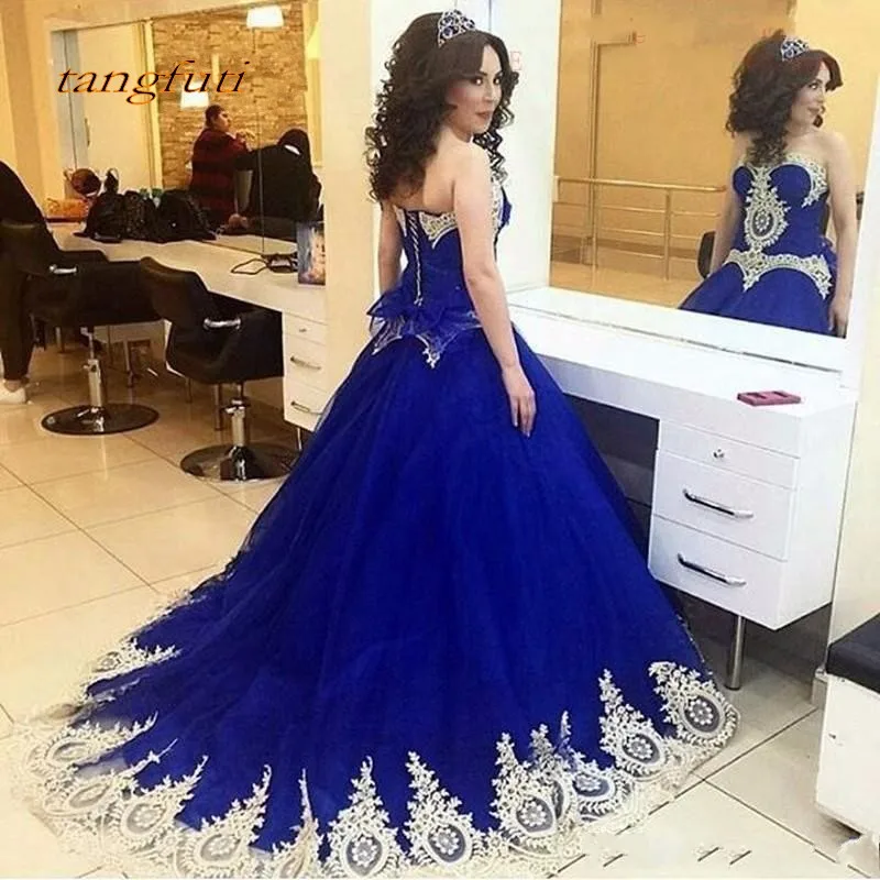 

Royal Blue Quinceanera Dresses Saudi Arabic Sweep Train Gold Appliques Prom Party Gowns For Sweet 15 vestidos de 15 2019