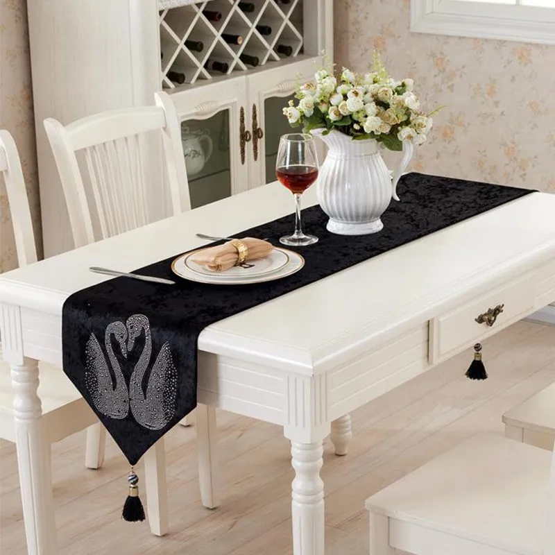 Европейский черный настольная дорожка роскошный бархат алмазное сверление скатерти для дома свадебные украшения стола высокое качество
