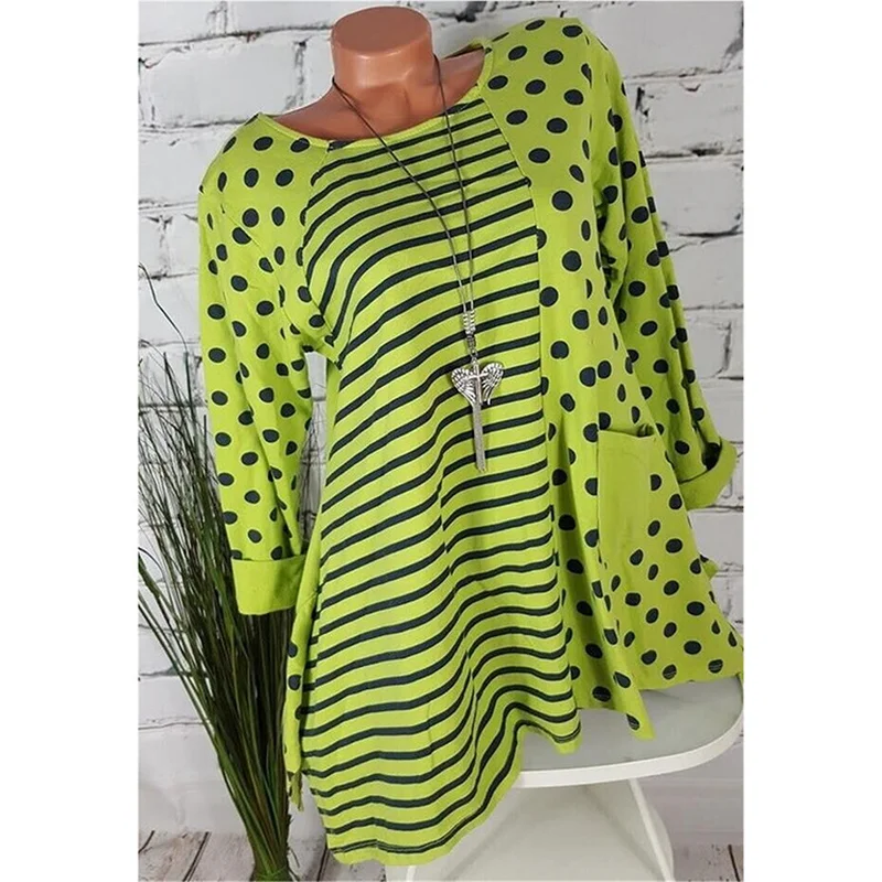 5XL Весна 2019 Для женщин круглый воротник полосатые свободные футболки с принтом в горошек плюс Размеры Топы Пляжная футболка уличный