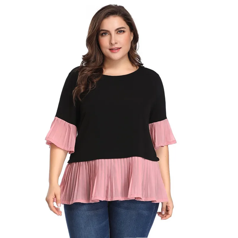 

Large Size XL-5XL Summer T Shirt Woman Half Flare Sleeve Chiffon Ruffle Black Pink Patchwork Contrast Color T-Shirt Top HY88027