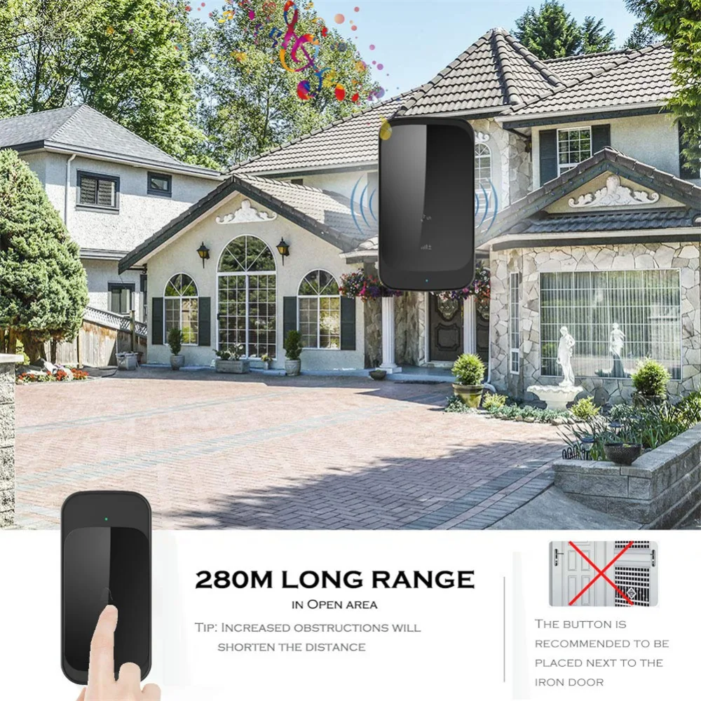 Touch Waterproof Wireless Doorbell 280M Range Smart Home Door Bell 58 Chime Ring Battery 1 2 Button AC 1 2 Receiver 110v 220V 240V 101