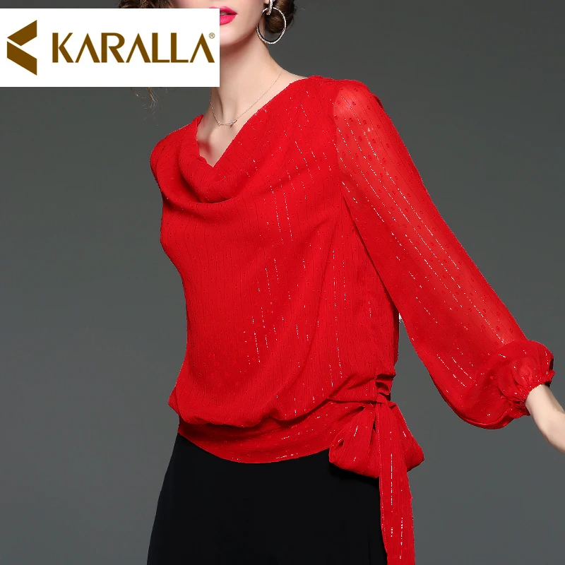 

Lantern Sleeves Pure Color Women Casual Blouse Design Bowtie Ladies Loose Tops Chiffon Bouse C568