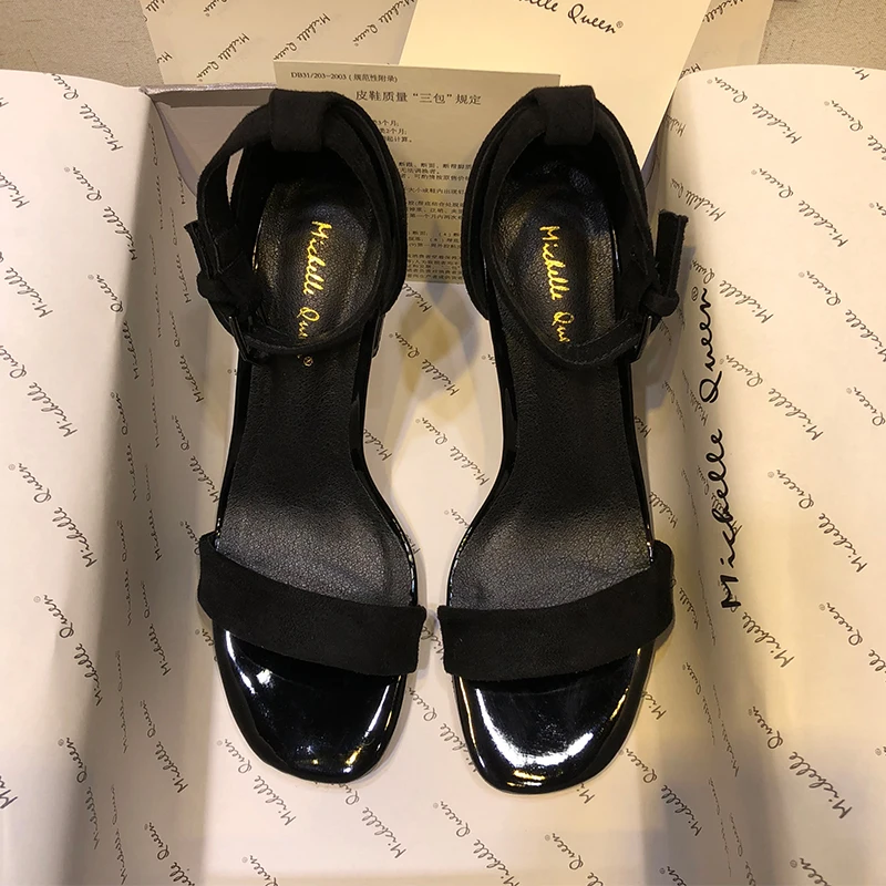 

Women's Ankle Strap Buckle Up Chunky High Heels Summer Shoes Woman Open Toe Flock High Block Heels Sandals Big Size 34-40