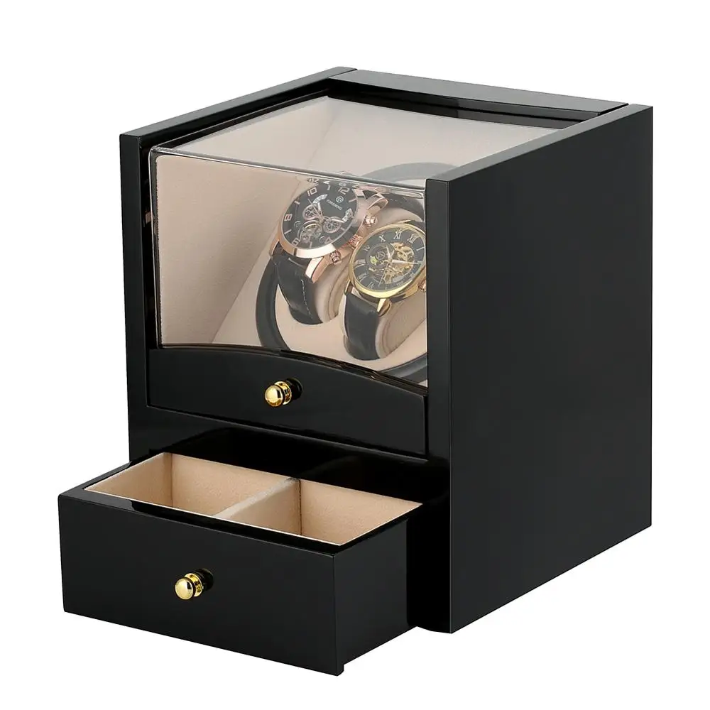 

UK Plug Practical Black Leather Box Case Rectangle Mute Automatic Double Watch Winder Dual Watches Storage Box