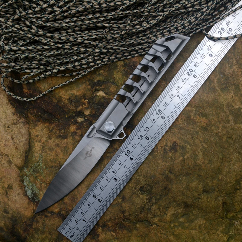 

TwoSun TS100 flipper folding knife M390 blade ball bearing washer one solid TC4 handle outdoor camping hunting pocket knife
