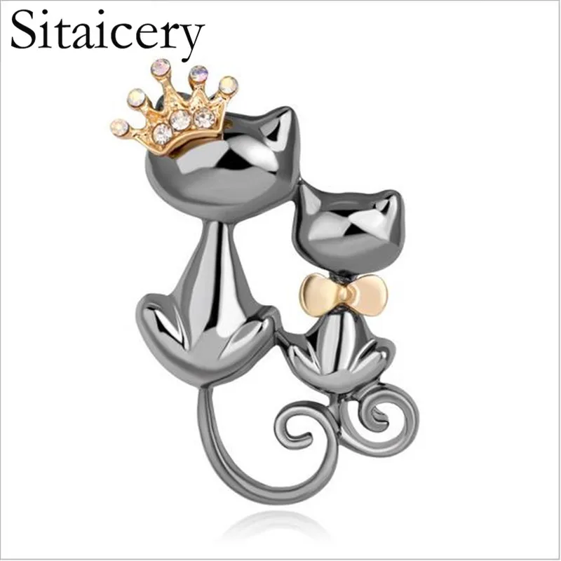 

Sitaicery Lovely Crown Bow Tie Two Cats Brooch Banquet Accessories Women Jewelry Party Gift Animal Cat Brooch Pin Silver Broche