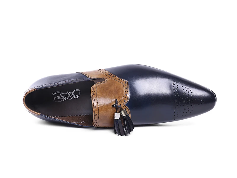 FELIX CHU/Новинка осени; Мужская официальная обувь из натуральной кожи с бахромой; острый носок; Свадебная обувь; синяя обувь; мужская обувь на плоской подошве