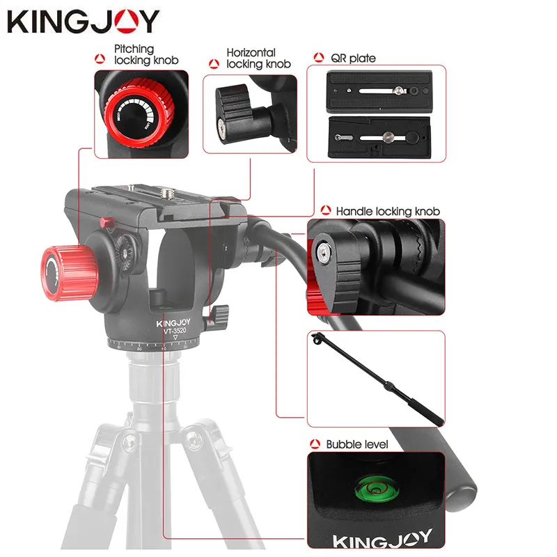 Tanie KINGJOY oficjalna VT 3520 głowica statywu płyn hydrauliczny panoramiczna głowica wideo do statywu statyw monopod stojak mobilny SLR DSLR