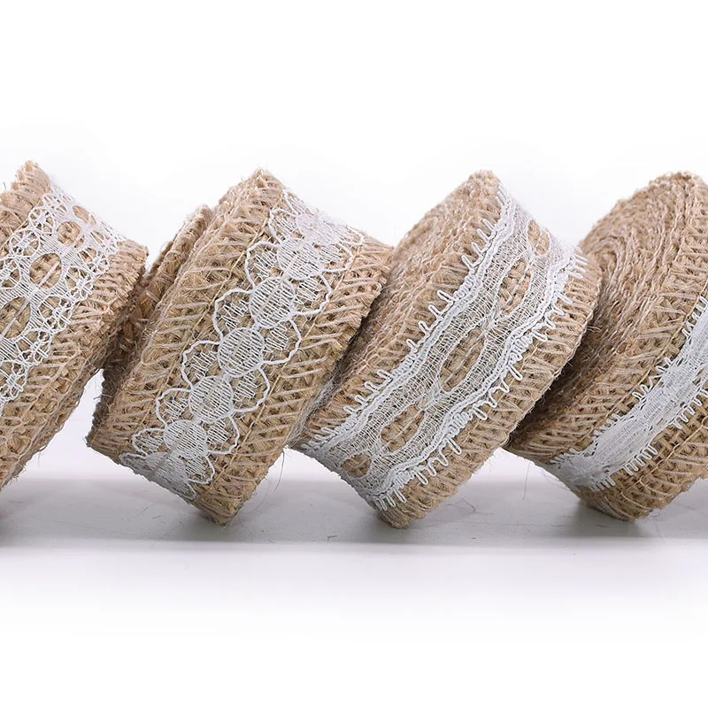 

2m 25mm Natural Jute Burlap Ribbon Hemp Jute Roll with Lace Vintage Rustic for Wedding Decoration Ornament Party Favor DIY Craft