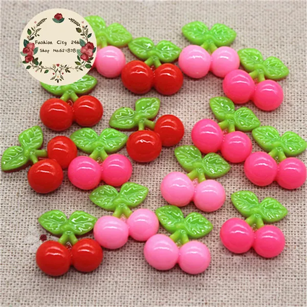 30pcs Kawaii Fruit Cherry Resin Miniature Food Art Supply Flatback Cabochon DIY hai Bow Center Scrapbooking,17*17mm 