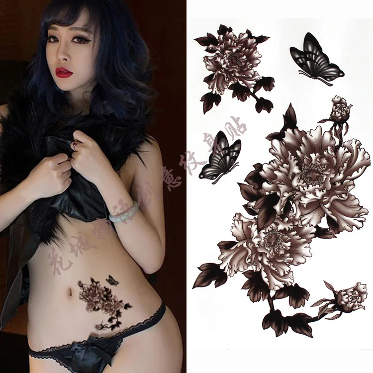 Красивый черный большой цветок боди арт водонепроницаемый сексуальная бабочка поддельные татуировки для женщин флэш временные татуировки наклейки 10*20 см KD350