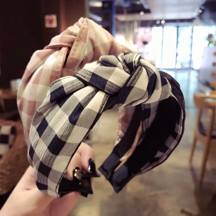 

Korea High Quality Leather PU Plaid Patchwork Knotted Hair Accessories Hair Band Hair Bows Flower Crown Headbands For Women 3