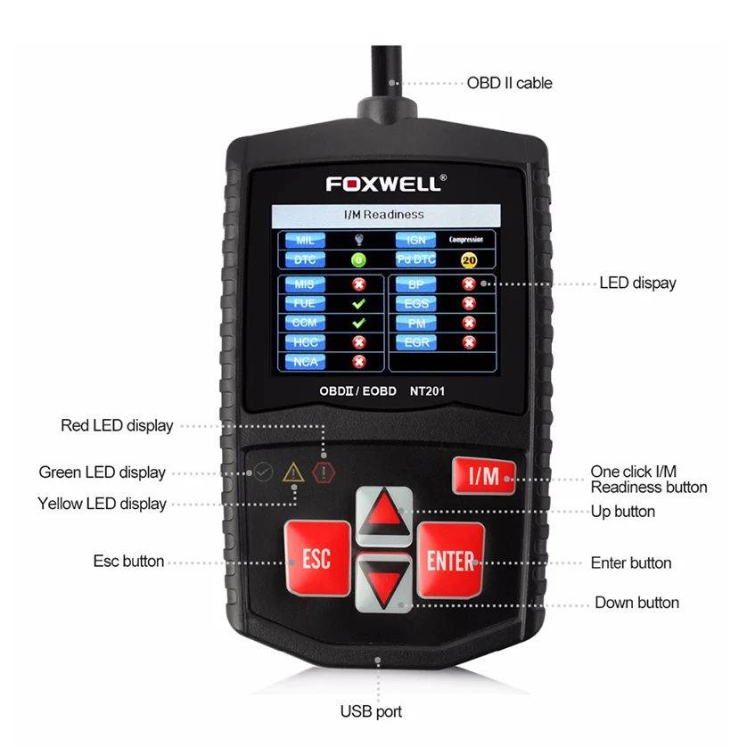 Foxwell NT201 OBD2 автомобильный сканер в русском языке считыватель кодов двигателя выключение MIL OBD 2 Автомобильный диагностический инструмент PK CR3001 ELM327