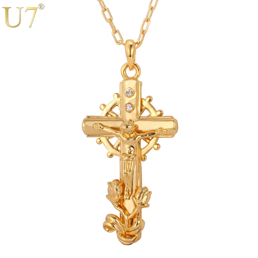 

U7 Crucifix Necklace Women/ Men Jewelry Jesus Religious Gift Trendy Gold/Silver Color Rhinestone Cross Pendant P1287