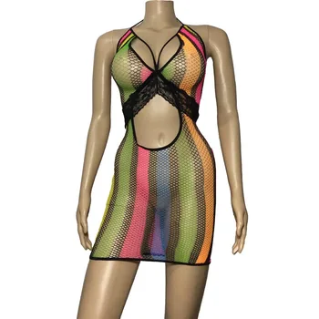 

Womens Sexy Mesh and Lace Halter Cupless Bra Open Back Rainbow Stripe Crotch Length Fantasy Micro Dress Erotic Lingerie