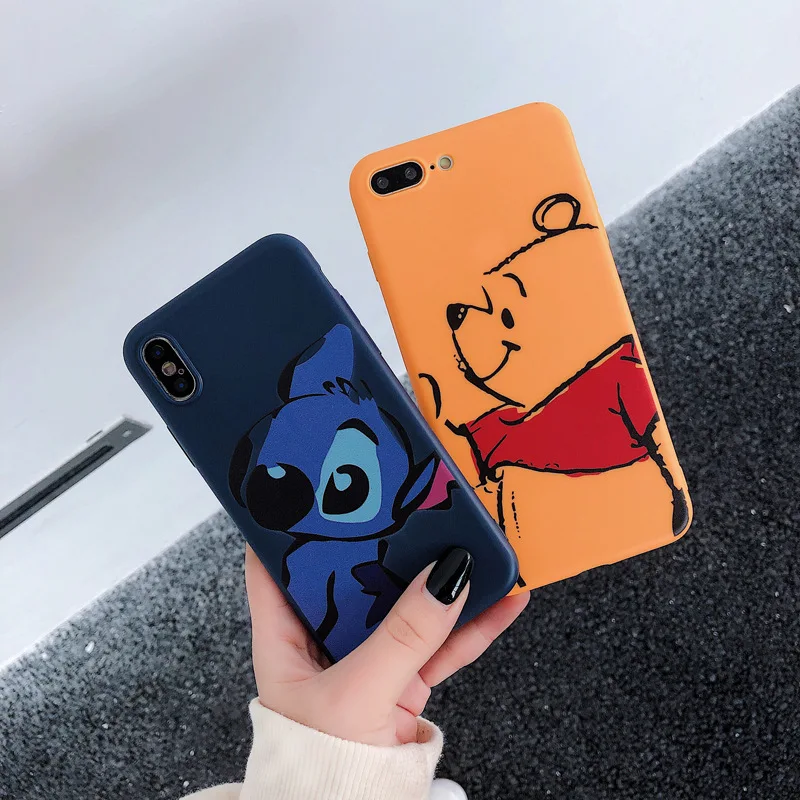 

JAMULAR Cute Cartoon Stitch Winnie Pooh Fitted Case For iPhone XS MAX XR X 6 6s 8 Plus Soft Matte Back Cover For iPhone 7 Coque