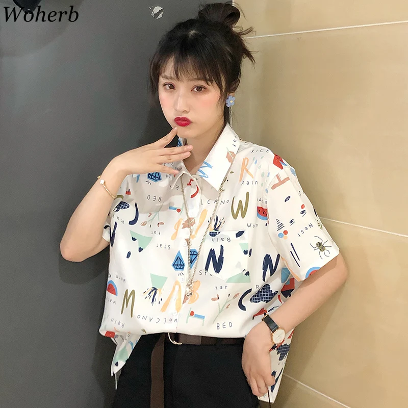

Woherb Korean Harajuku Women's Clothes White Shirts Vintage Letter Print Blouses and Tops Short Sleeve Summer 2019 Femme Blusas