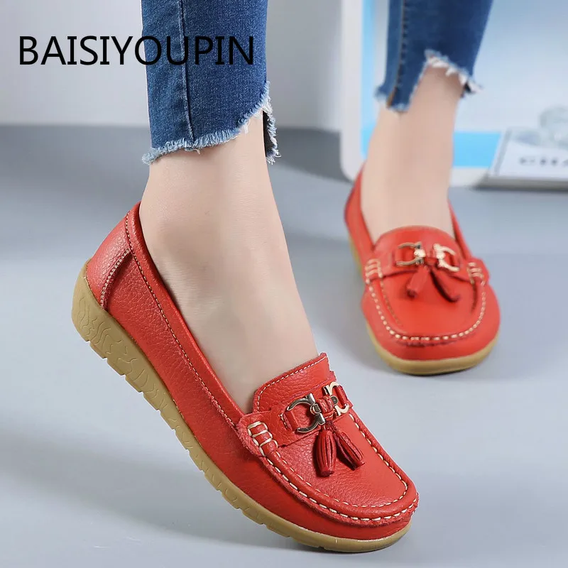 

New Plus Size Flat Casual Solid Sport Women Shoes Platform Slip-On Round Toe Shallow Genuine Leather Sneakers Female Shoes
