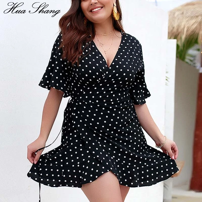

Women Summer Dress Plus Size Deep V Neck Short Sleeve Polka Dot Print Short Mini Dresses Lace Up Belt High Waist Ruffles Dress