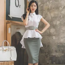 2019 Summer Slim Swallowtail White Blouse Bodycon Midi Skirt Two Piece Office Cloth Belt Peplum Work Suit Dress