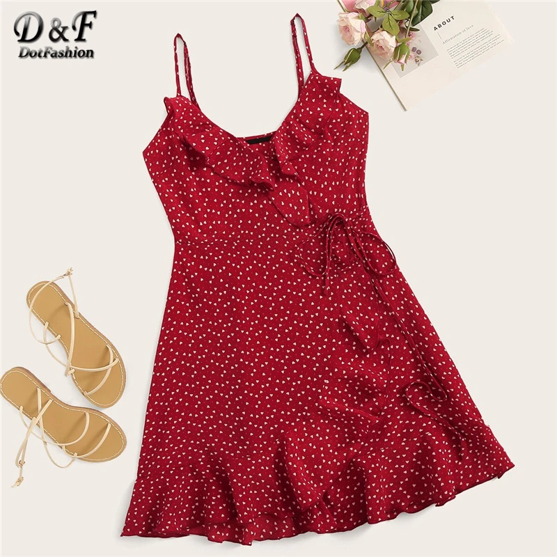 Dotfashion, красное платье-комбинация с рюшами, с завязками, для женщин, лето, без рукавов, бохо, платья для девушек, сердце, платье в горошек
