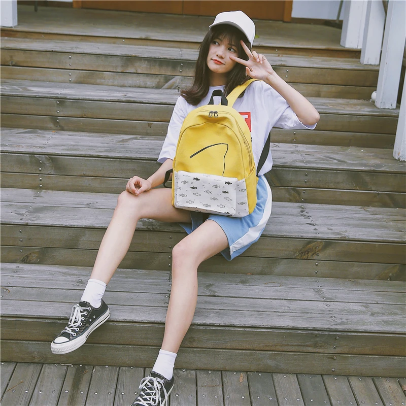 Menghuo 2 Pcsset Women Backpacks Cute Fish School Bag for Teenage Girls Printing Canvas Backpack Ladies Shoulder Bags Mochilas (23)