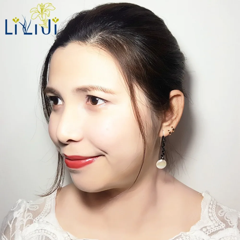 

LiiJi Unique Natural Black Spinels Freshwater Pearl Coin beads 925 Sterling Silver Gold Color Handwork Shining Earrings