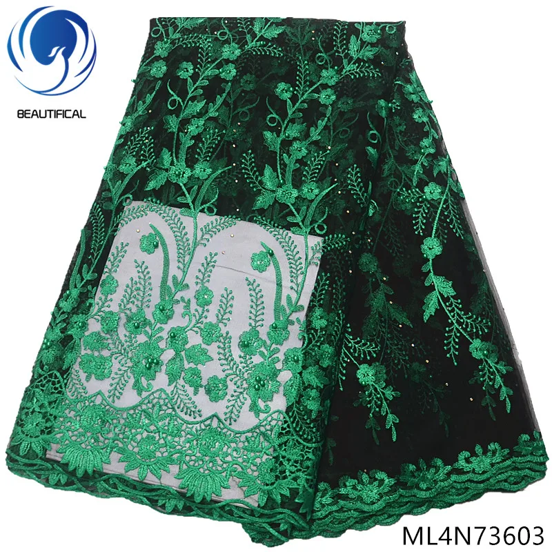 

BEAUTIFICAL nigerian lace fabrics green tulle lace beads fabrics for women dress hot sale french lace embroidery stones ML4N736