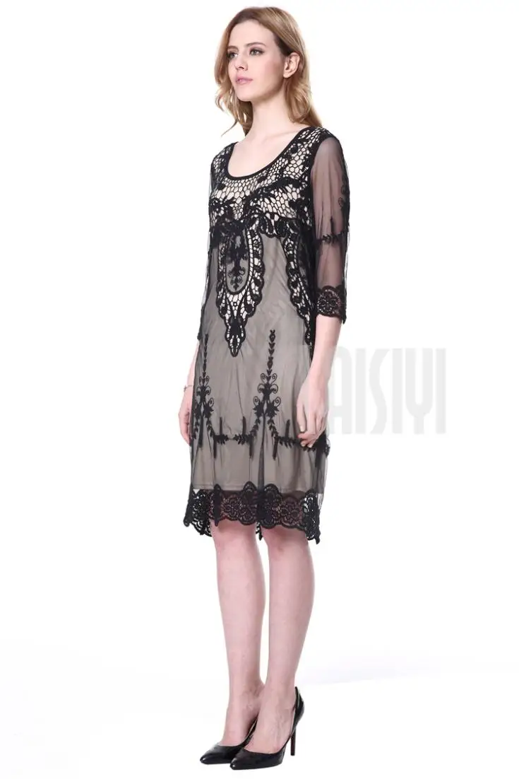 LAISIYI Черное Сетчатое прозрачное кружевное платье с цветочной вышивкой Vestido De Renda DR10120