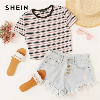 SHEIN футболка в полоску с контрастной лентой, Женская Повседневная футболка с коротким рукавом, эластичная летняя футболка с круглым вырезом...