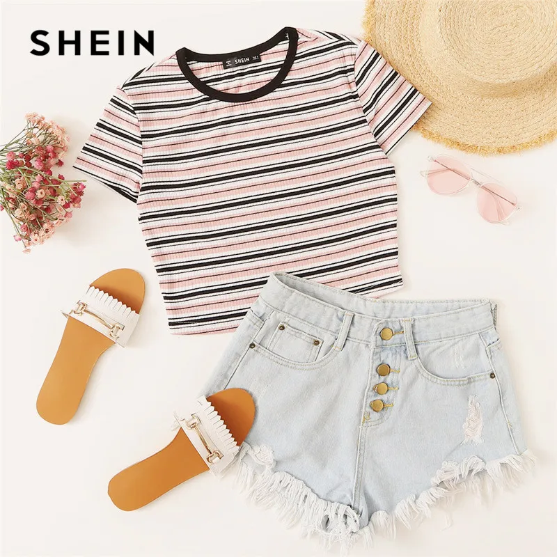 Женская футболка в полоску SHEIN, обтягивающая футболка с коротким рукавом и круглой шеей Женская футболка в полоску SHEIN, обтягивающая футболка с коротким рукавом и круглой шеей