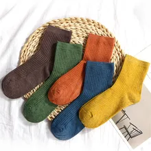 Хлопковые носки женские повседневные яркие цвета однотонные Дышащие носки японские вертикальные полосы женские носки средней длины тренд