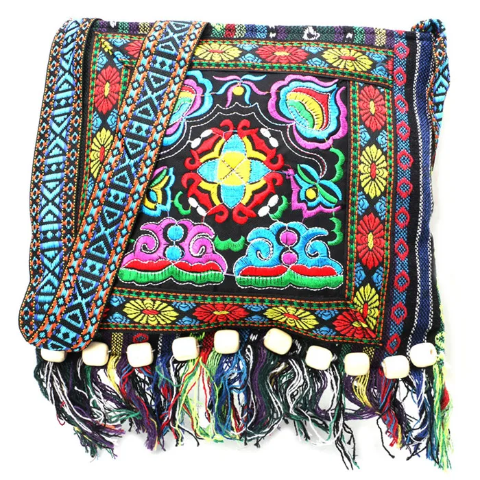 Fashionable Chinese Hmong Thai Embroidery Linen Zipper Hill Tribe Totes Messenger Tassels Bag Boho Hippie New