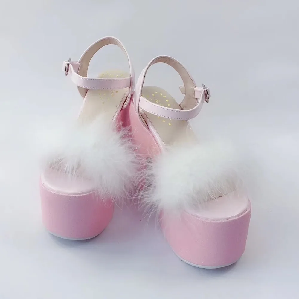 Сладкий на высоком каблуке 12 см высокая платформа танкетка кожаная обложка розового цвета в стиле «лолита» обувь для девочек с меховой оторочкой сандалии, украшенные перьями