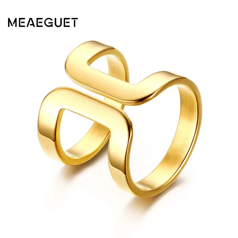 Meaeguet Women Stainless Steel Wrap Around Straight Line Center Above Knuckle Midi Ring Gold-Color Fashion Cocktail Jewelry