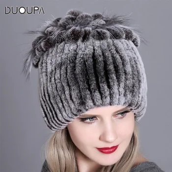 

DUOUPA2019 Women Fur Hat for Winter Natural Rex Rabbit Fox Fur Cap Russian Female Fur Headgear 2018 New Fashion Warm Beanies Cap