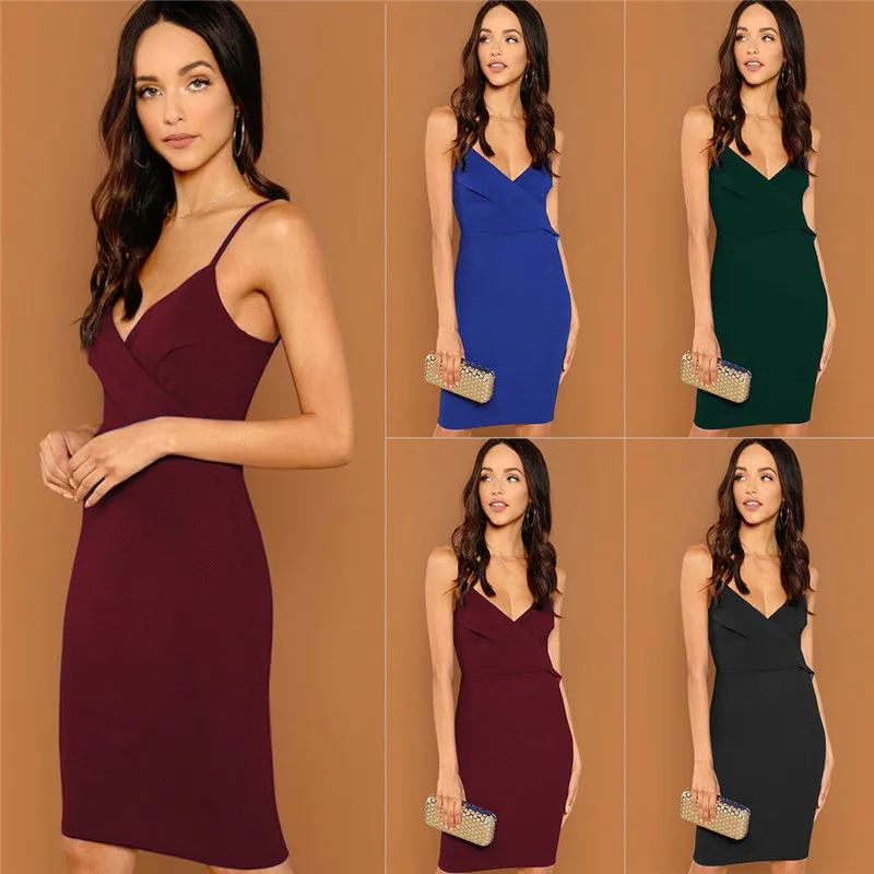 

Sexy casual women's ruffled V-neck sleeveless solid color tight-fitting dress dress party dress