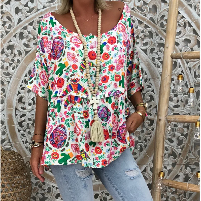 

Spring Summer Printed T-shirts 5XL Plus Size T-Shirts Women Tops Clothing Casual O Neck 3/4 Sleeve Loose T-Shirt Beach Oversize