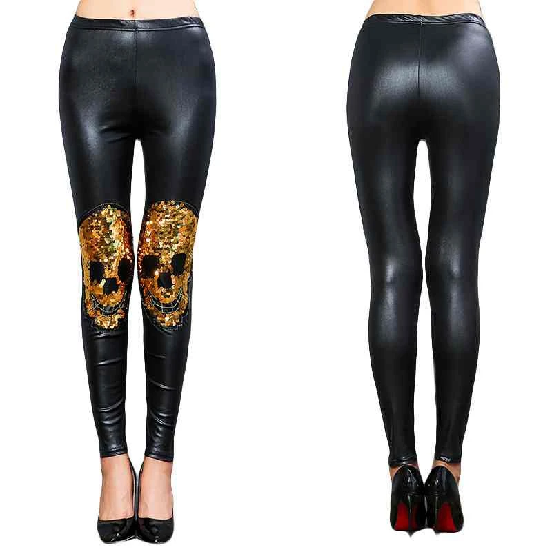 

lady golden Skull Fitness Leggings Solid Sexy Fashion sequined spliced Leggings Women stretch fake leather Polyester Legging