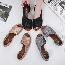 TANGNEST Bling Wedge Sandals 2019 Summer Sequins Low Heeled Shoes Women Peep Toe Wedges Casual Slip on Cut Out Sandals XWZ5942 summer fashion blue jeans cut out sandals peep toe height increasing wedge summer denim dress shoes woman for women size 34