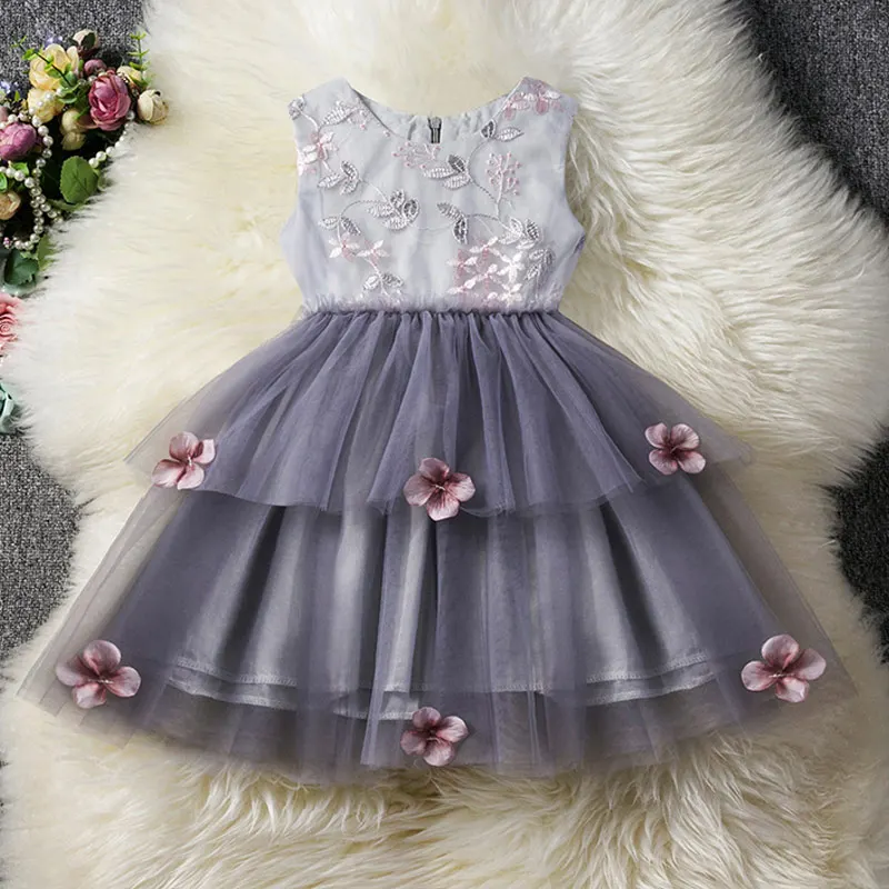 AY543 Gray Платье на день рождения для девочек; Новинка г.; летнее стильное детское многослойное платье без рукавов; детское платье принцессы с цветочным рисунком; Одежда для девочек - Цвет: AY543 Gray