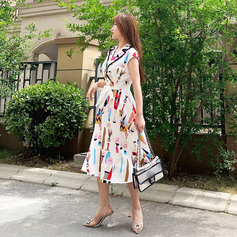 Long Dress High Quality Summer New Women'S Fashion Workplace Party Vintage Elegant Chic Cartoon Print Suit Collar Vest Dresses