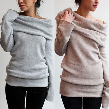 New Arrival Women Sexy Casual Off Shoulder Roll Neck Long Sleeve Knitted Jumper Sweater Top