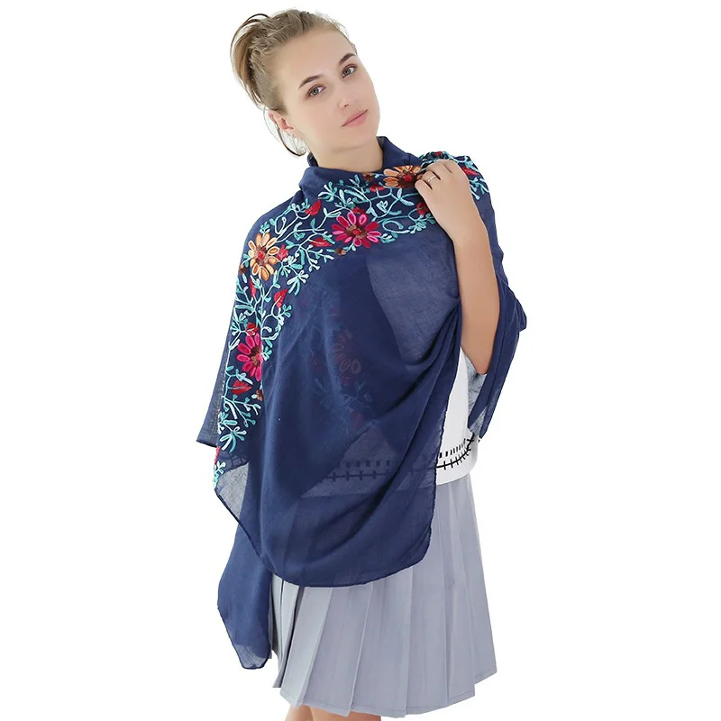 

Muslim Embroidery Scarf Cotton Linen Blend Scarves Flowers Embroidery Shawls Winter Warm Women Pashmina Shawl and Wrap Hijabs